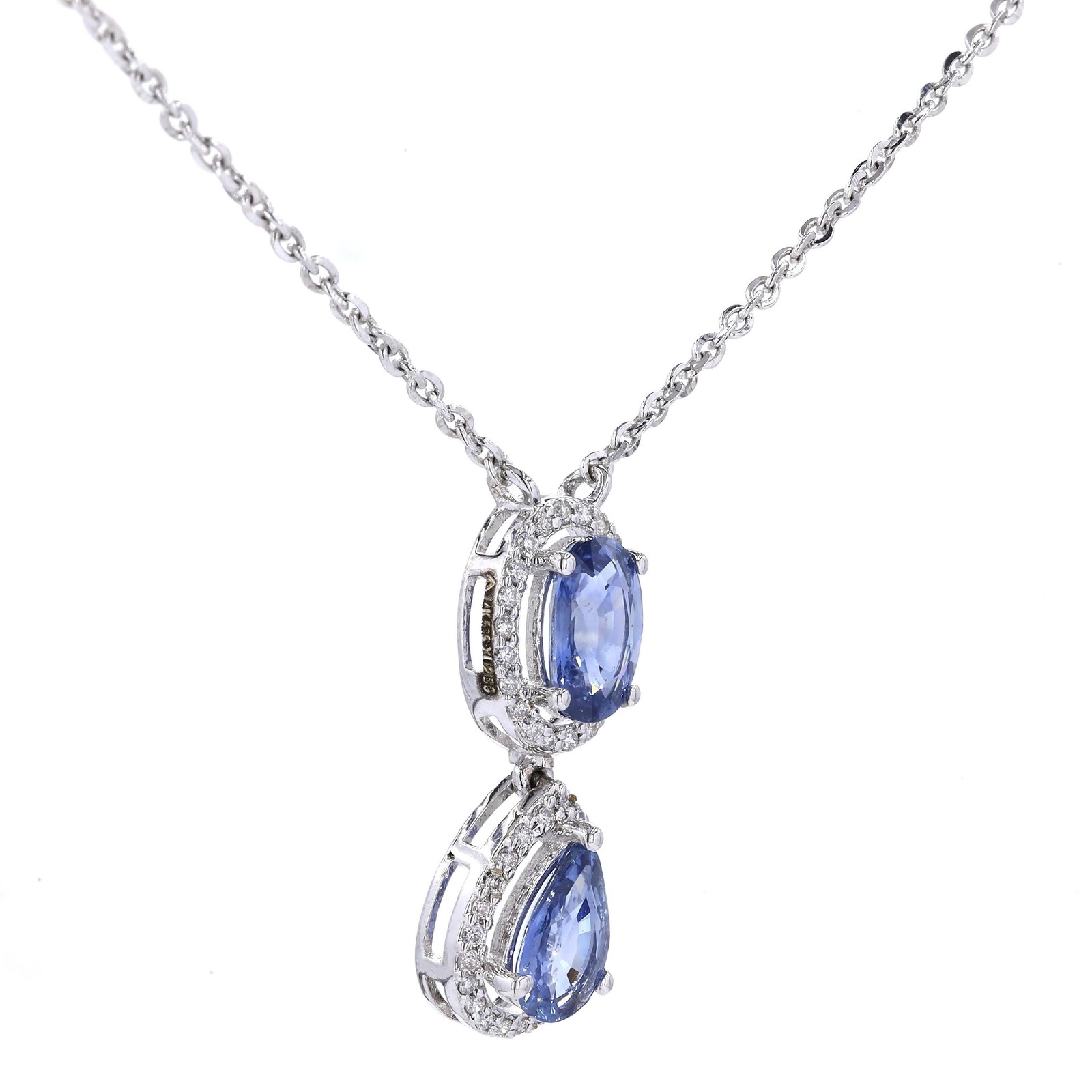 0.87ct Natural Sapphire Double Drop Pendant Necklace 14K Solid Gold Halo Pave