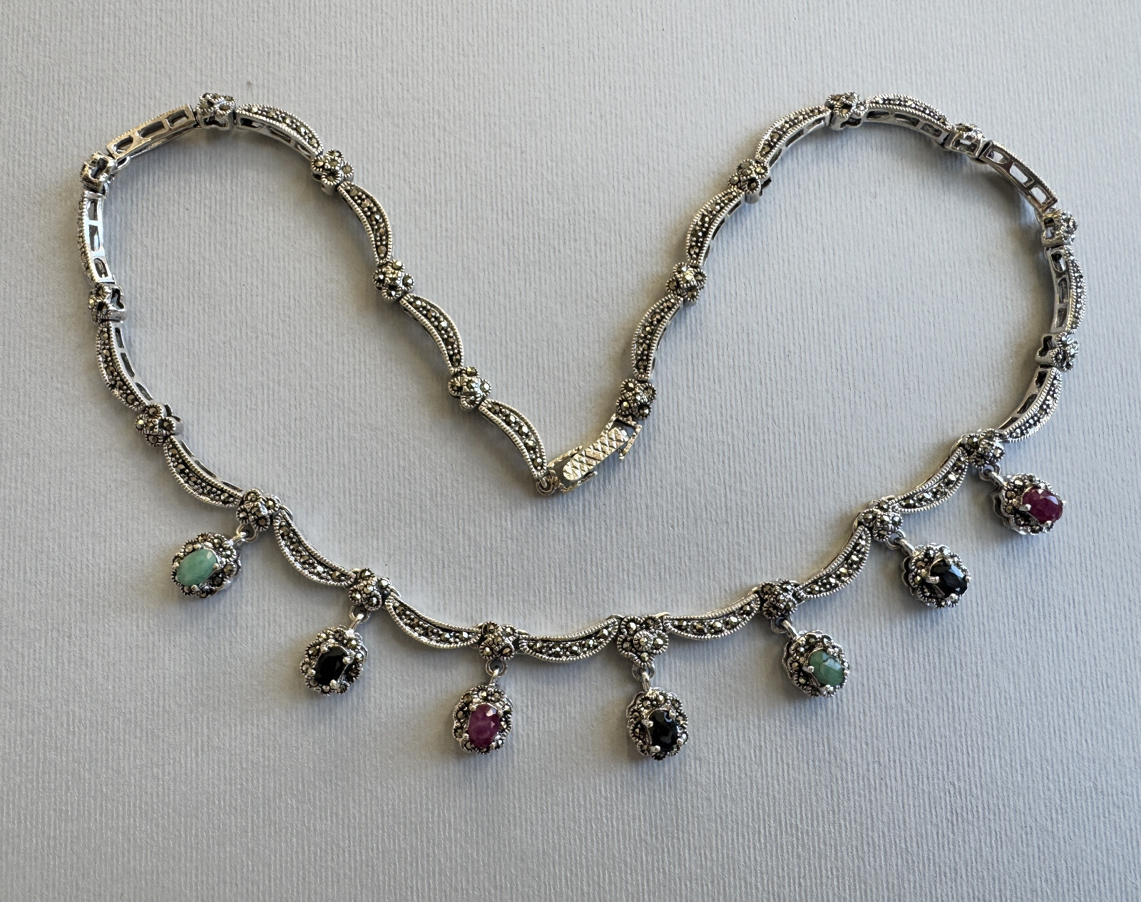 Ruby Emerald Sapphire Marcasite 925SS Chain Necklace