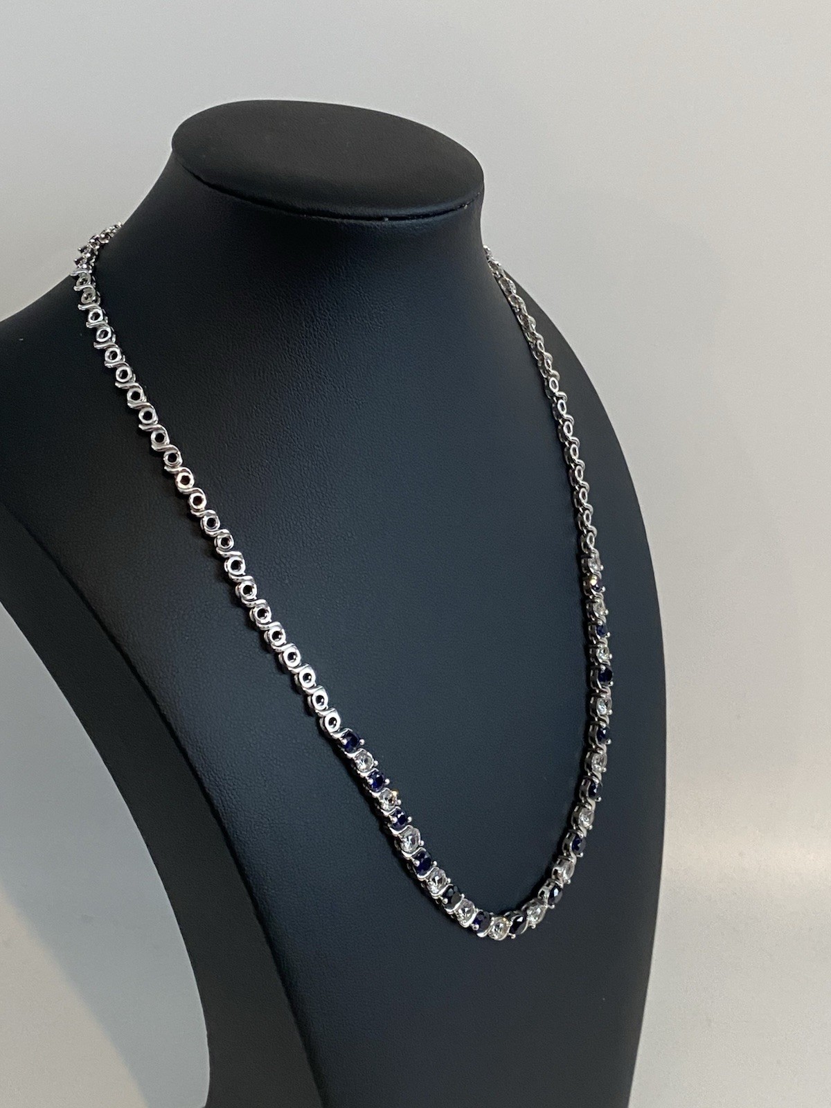 925 Sterling Silver Lab Created Blue & White Sapphire Tennis Necklace Signed EMA