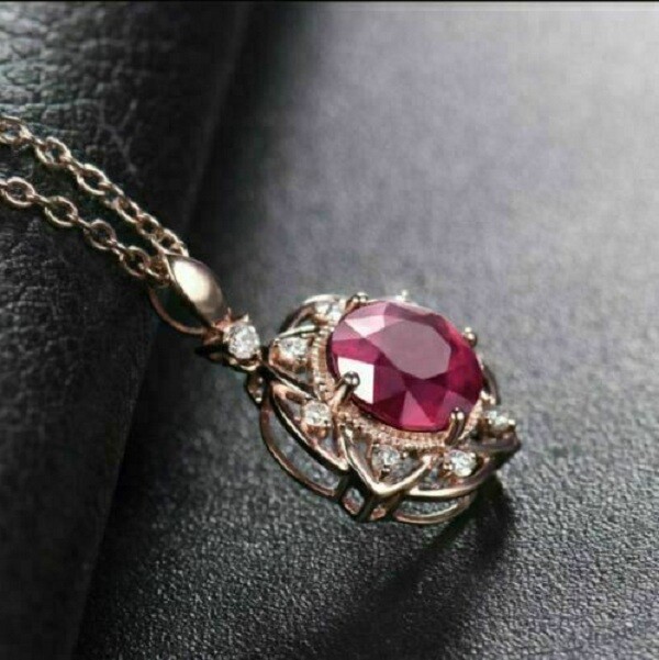 3Ct Round Cut Pink Ruby & Diamond Pendant Necklace 14K Rose Gold Over