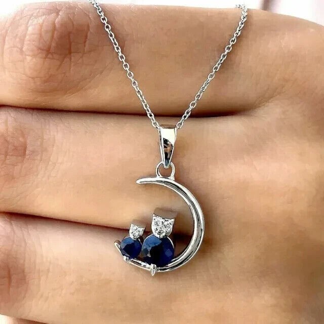 1.50Ct Round Lab-Created Blue Sapphire Moon Pendant 14K White Gold Plated Silver