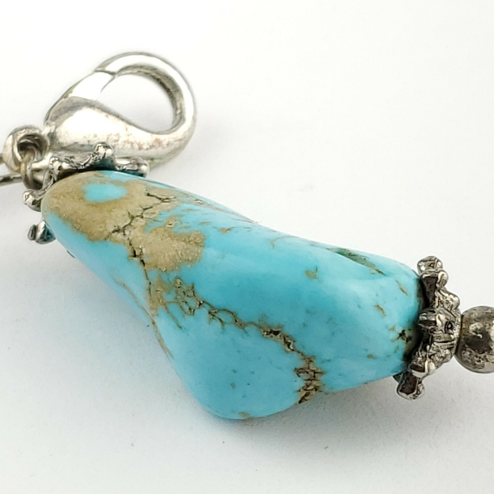 Handmade Turquoise Stone Nugget Charm Pendant Silver Tone Metal Lobster Clasp 2″