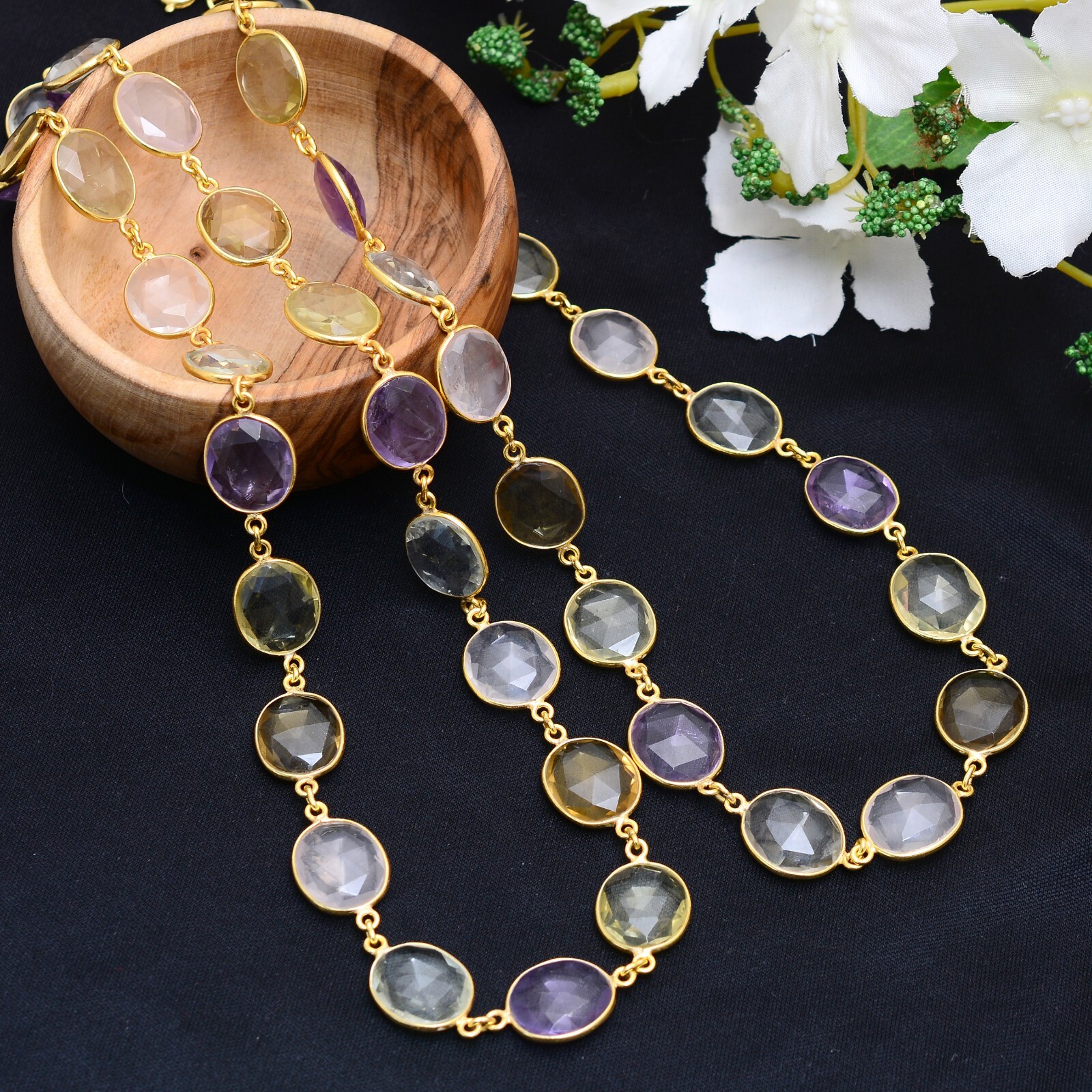 Amethyst Silver Chain,Quartz Bezel Chain,Multi color Chain,Silver Jewelry