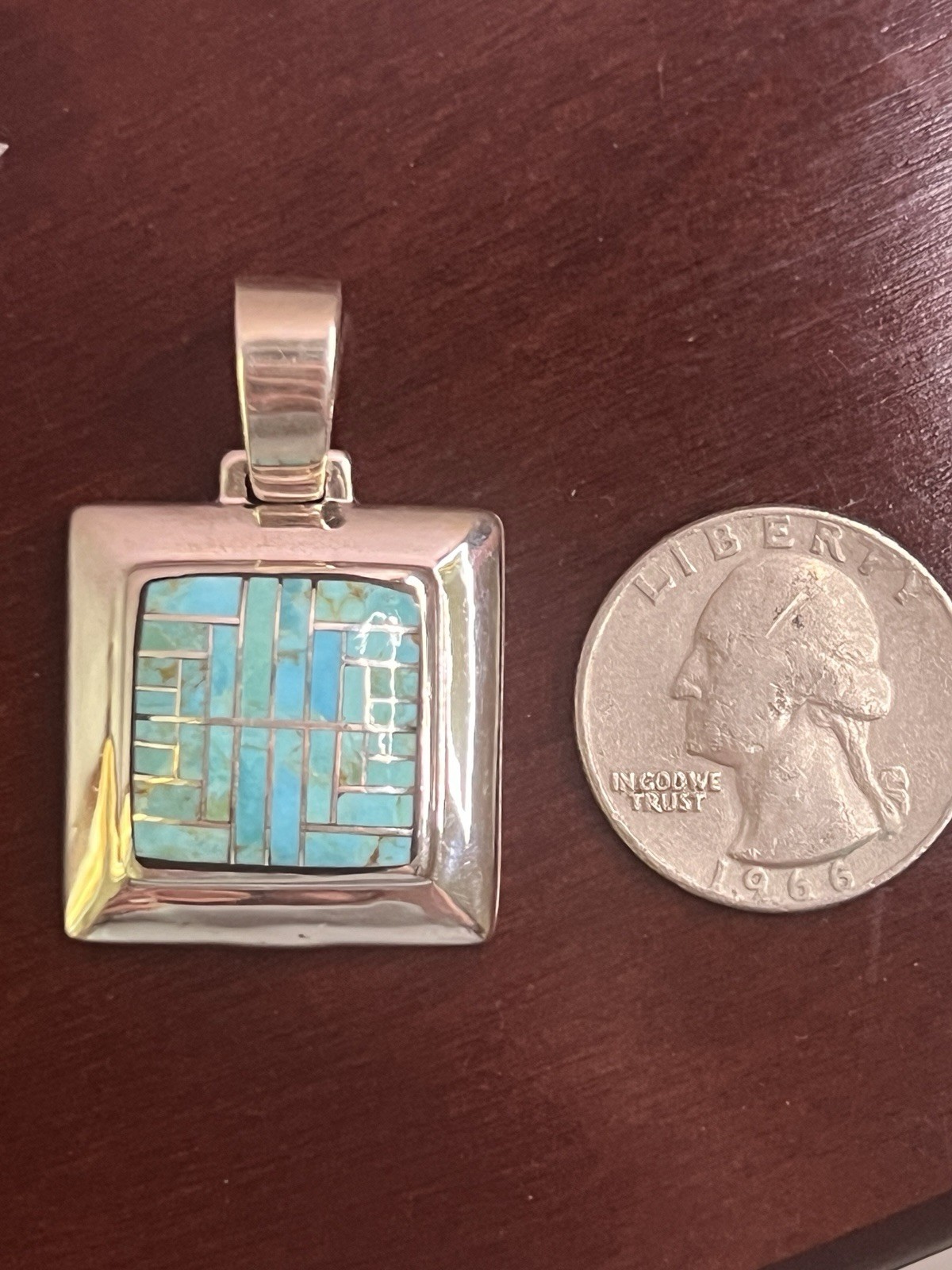 Vintage Turquoise Inlay 925 Silver Pendant NOS Never Worn Stamped Sterling