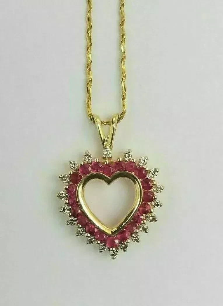 1.00CT Round Cut Red Ruby & Diamond Heart Pendant Chain 14K Yellow Gold Over