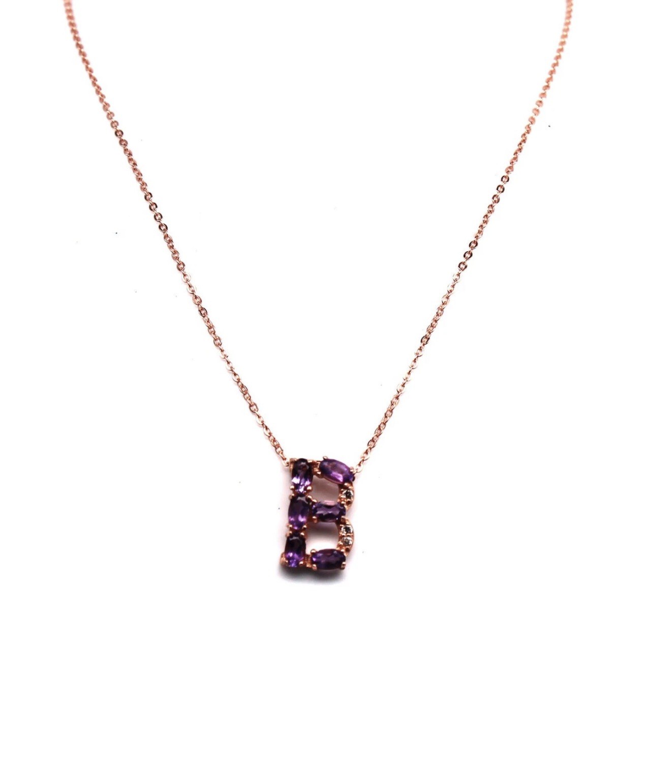 Stunning Natural Purple Amethyst Initial B 18K Rose Gold Pendant/Necklace 20 in