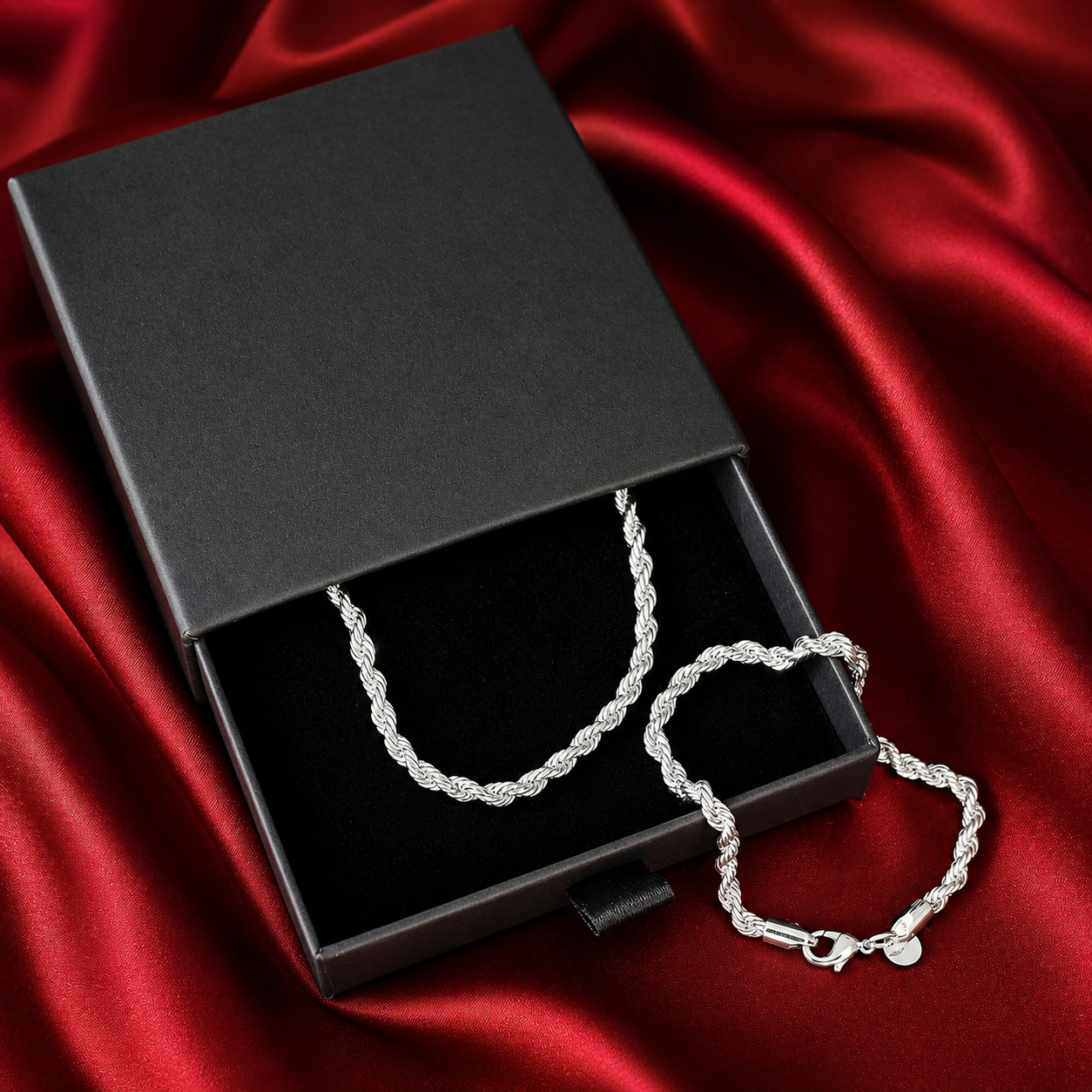 925 Sterling Silver Rope Twist 40cm Necklace & 20cm Bracelet Set Gift Boxed