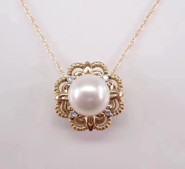 Natural Pearl 2.20Ct Round Cut Flower Pendant 14K Yellow Gold Plated Free Chain
