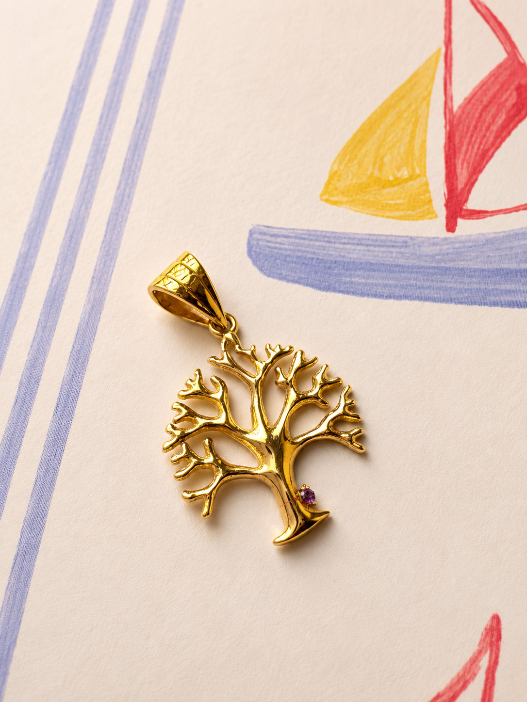 Real 14K Yellow Gold Tree of Life Pendant Purple CZ Family Charm Women Gift