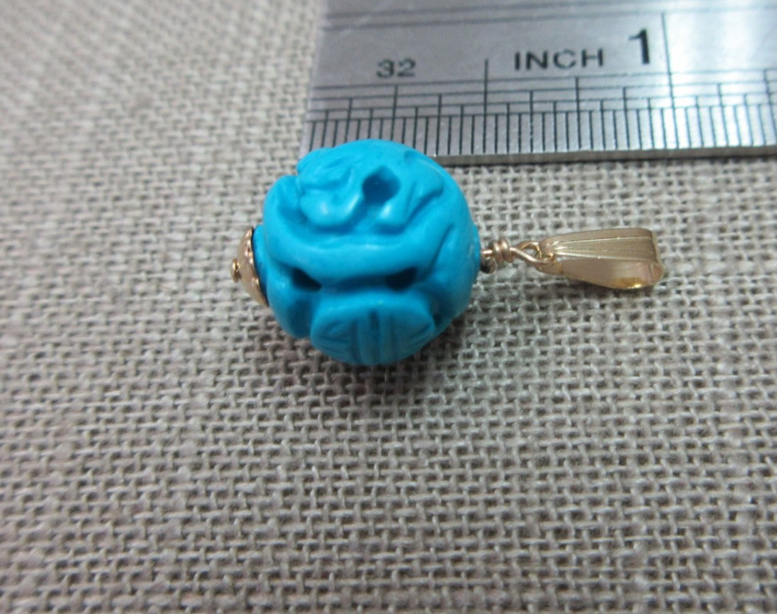 14K Yellow Gold Carved Longevity 12.65mm Real Turquoise Charm Pendant 2.6 Grams