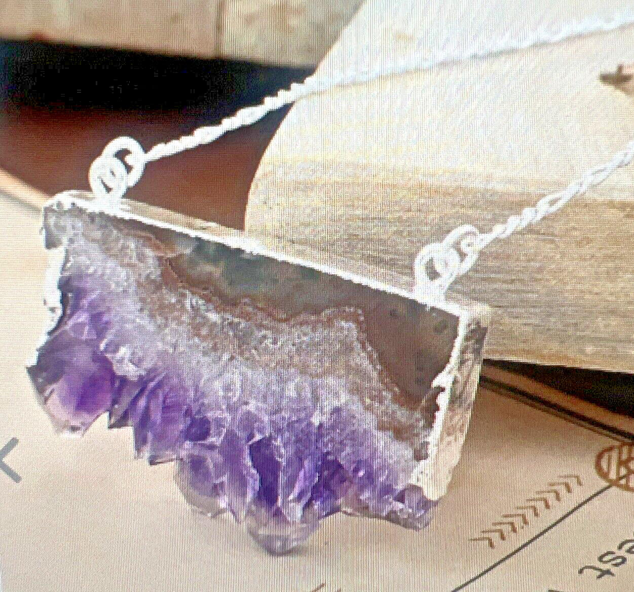 Amethyst Comb Necklace 34-36 Inches in Silvertone 60.50 ctw