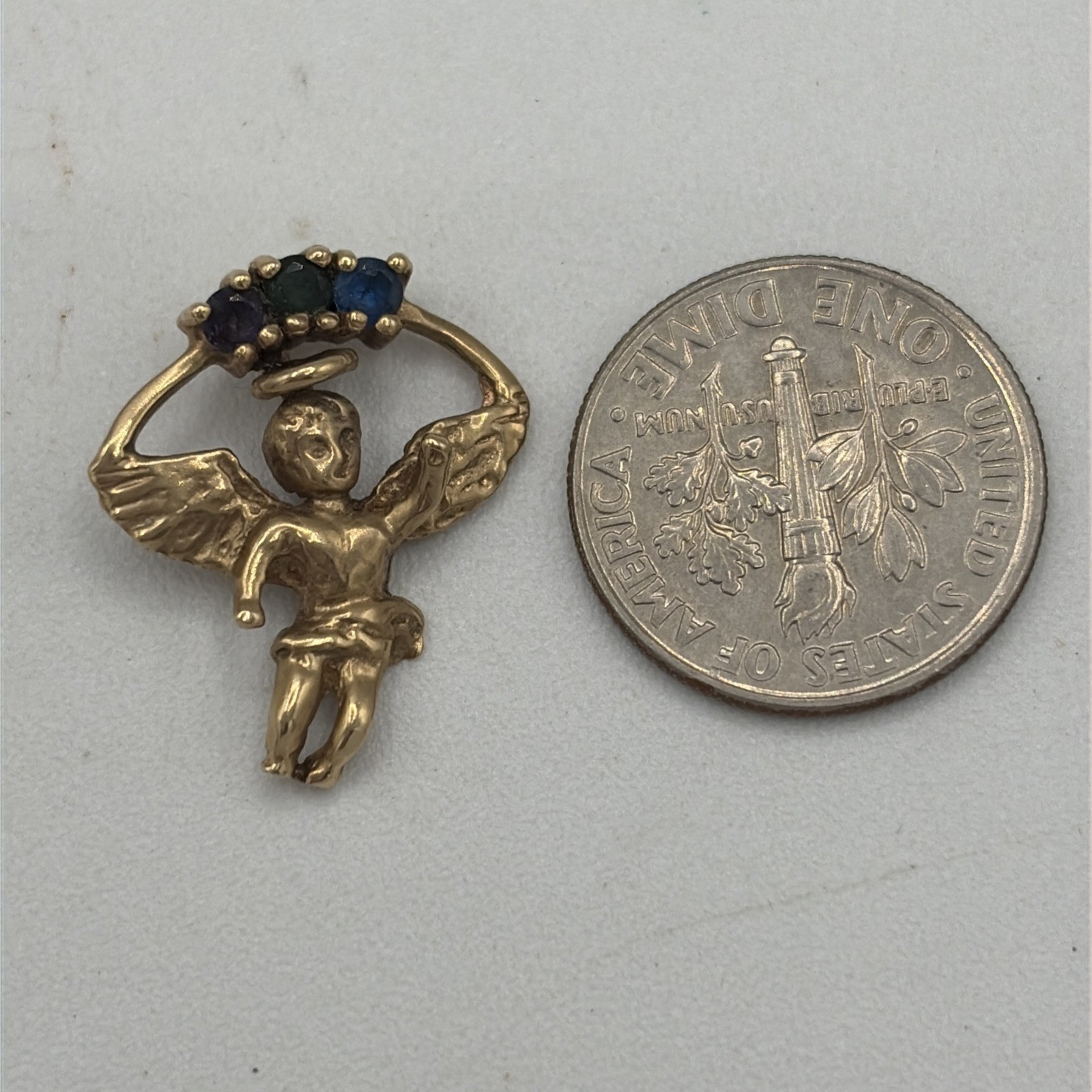 10k Yellow Gold Little Angel Charm Pendant Purple Green Blue Stones 1.8 grams