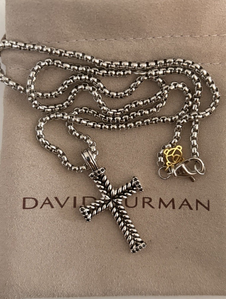 David Yurman Sterling Cross Pendant w/ Box 2MM Chain Necklace 19in