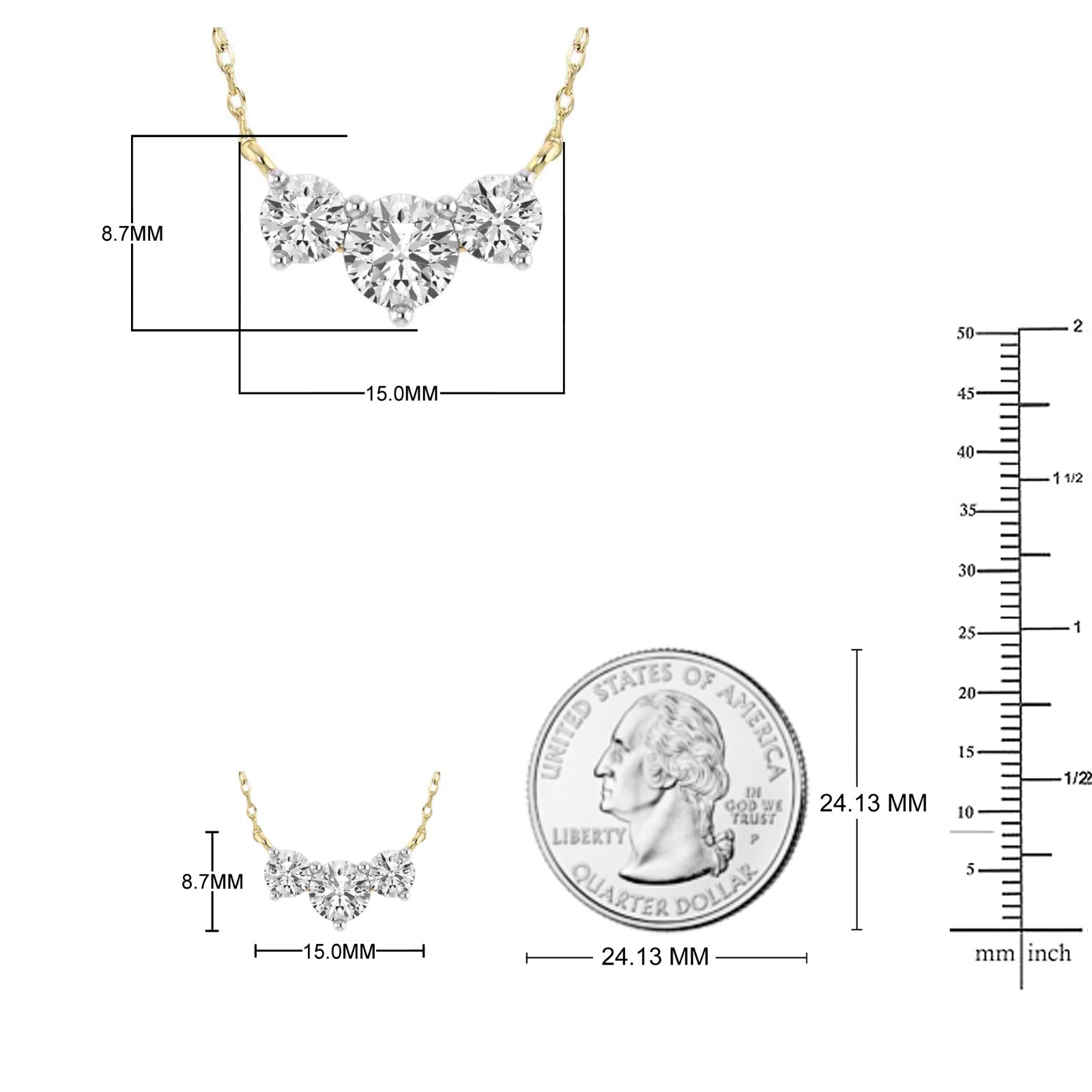 Three Stone Necklace 1.00 CTW Round Lab Grown Diamond Necklace 10K Yellow Gold