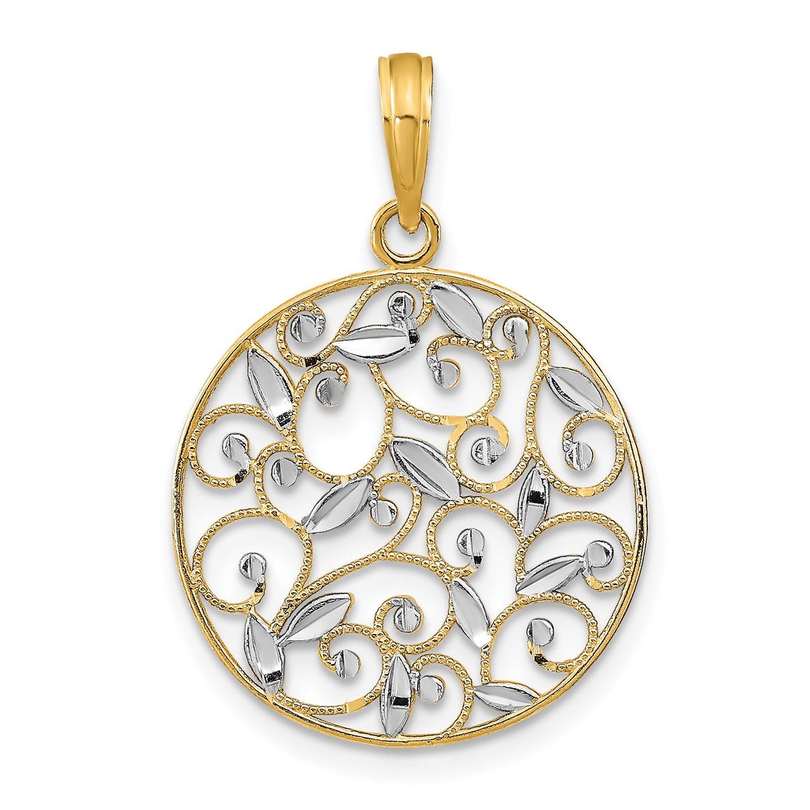 14k Yellow Gold w/Rhodium Diamond-cut Filigree Round Pendant