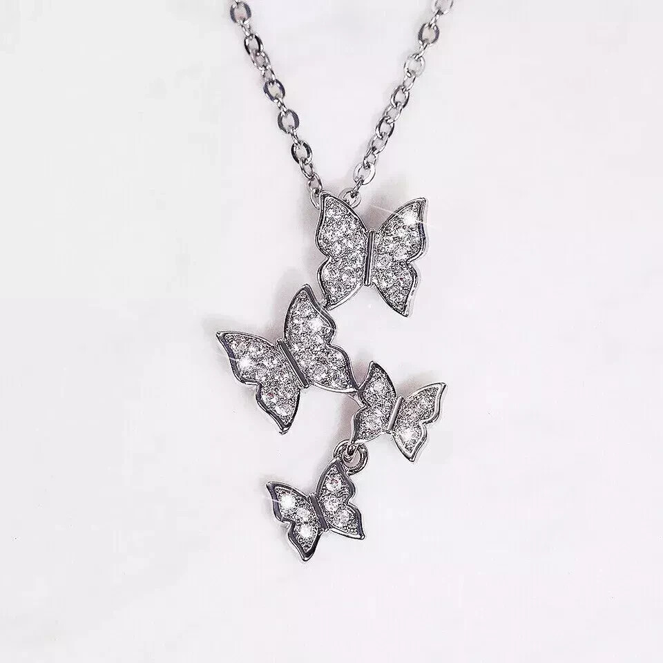 1.24 Ct Lab-Created Diamond Butterfly Pendant Necklaces 14k White Gold Plated