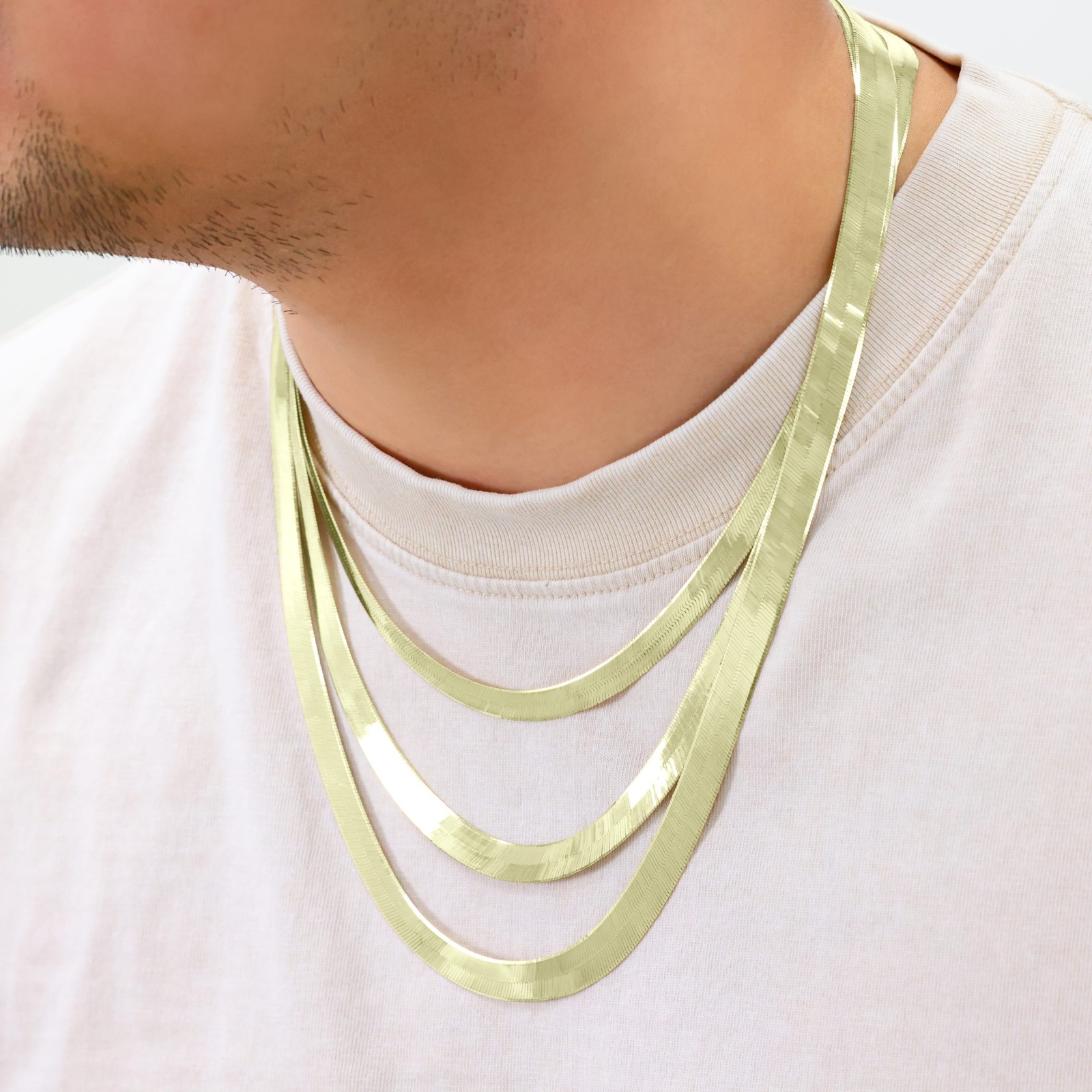 14K Yellow Gold Solid 3mm-9mm Flat Herringbone Chain Necklace Women Men 14″- 24″