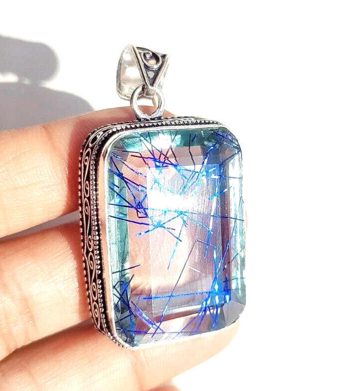 Blue Rutilated Quartz Gemstone 925 Sterling Silver Handmade Jewelry Pendant