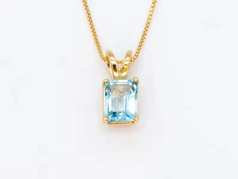 Emerald Lab Created Blue Topaz Women Pendent With Chain 14K Yellow Gold Plated