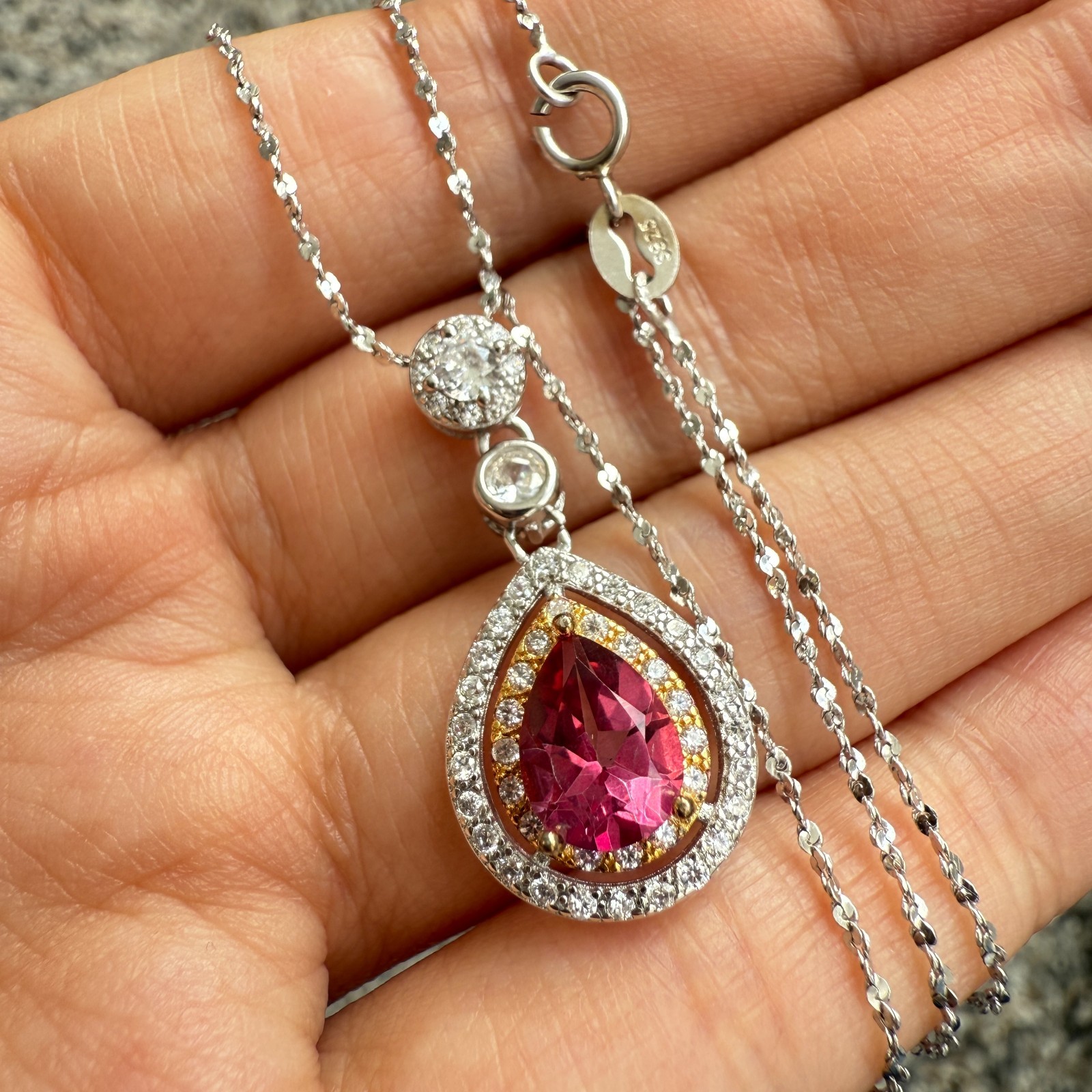 925 Sterling Silver Necklace 8x6mm Natural Pink Topaz Gemstone Zircon Teardrop