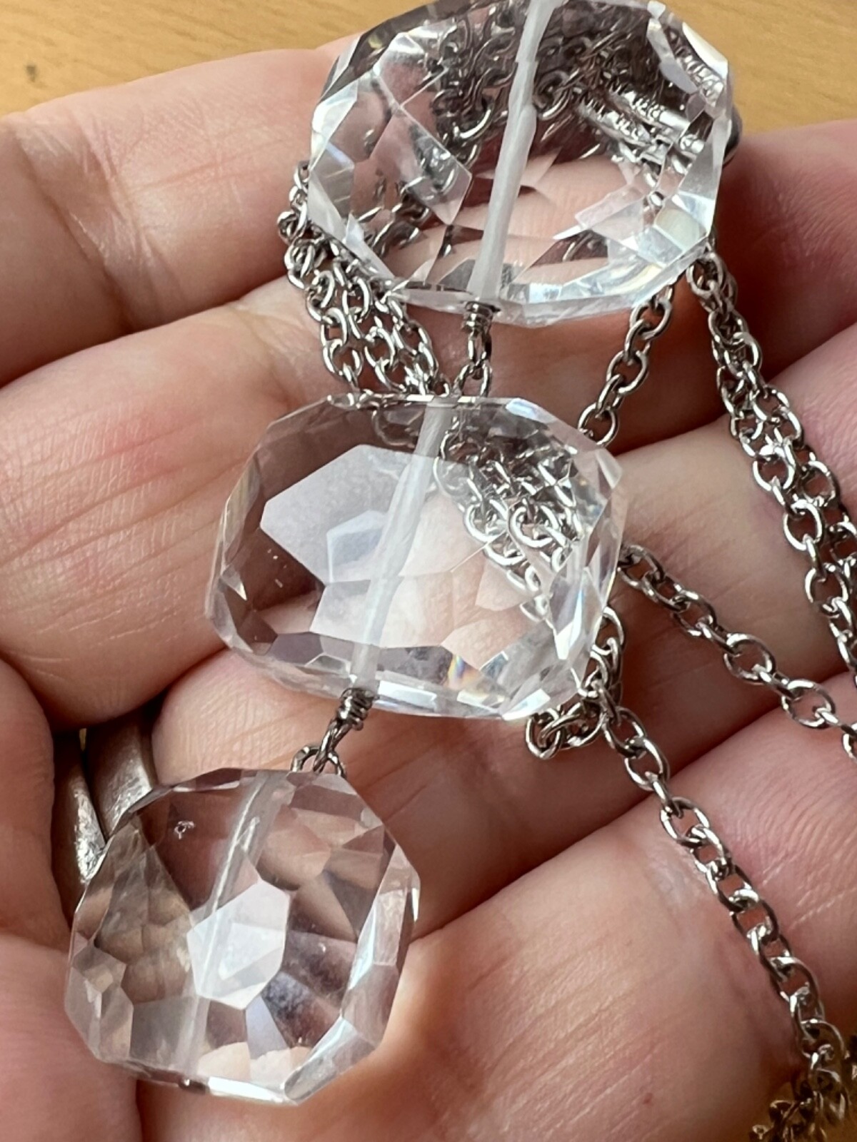 ARTISAN ROCK CRYSTAL CLEAR COLORLESS QUARTZ LONG NECKLACE 925 STERLING DESIGNER