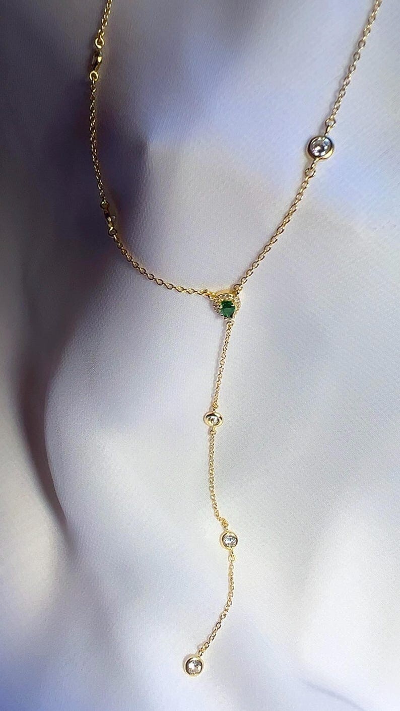2Ctw Pear Cut Lab Created Emerald Diamond Lariat Necklace 14K Yellow Gold Plated