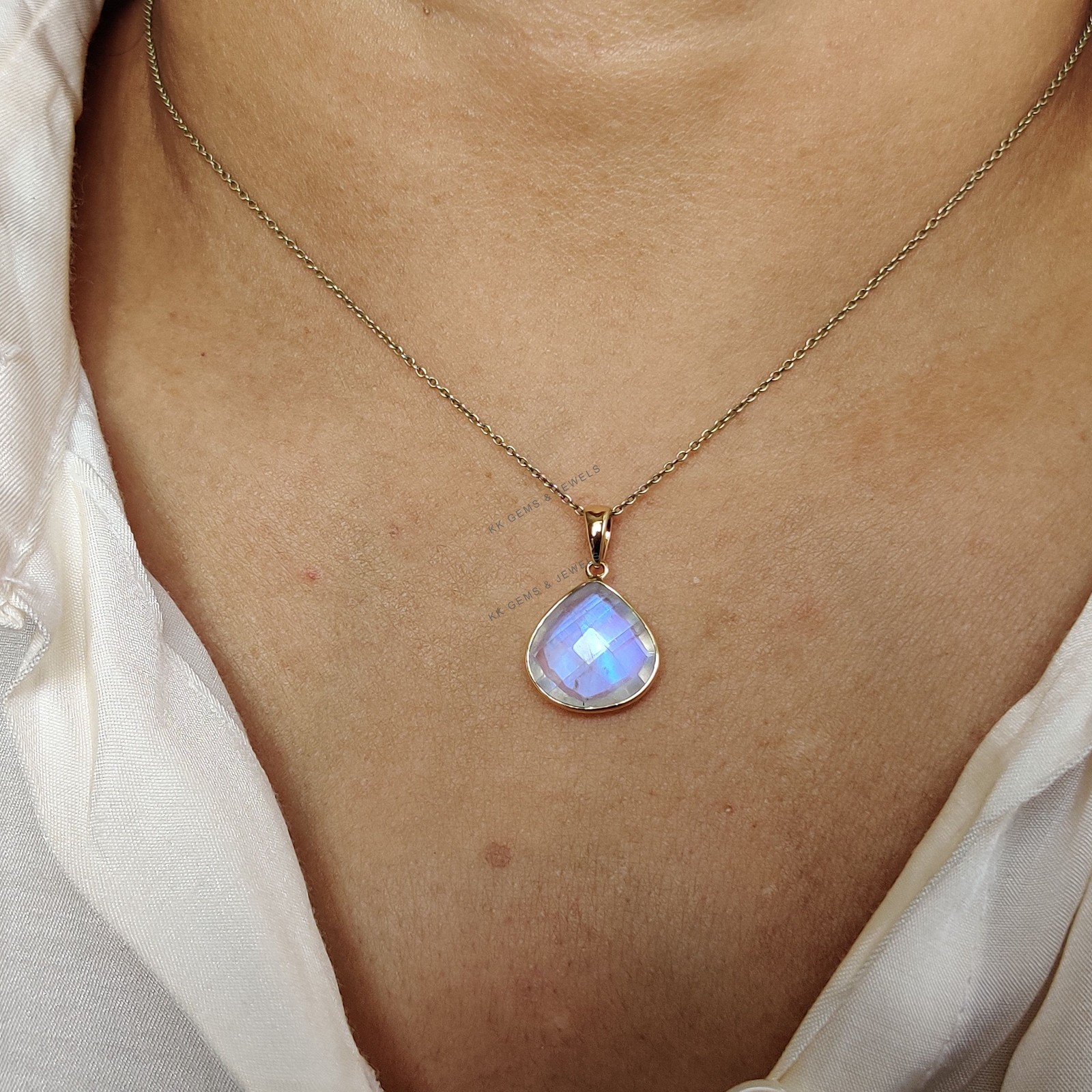 5.80 Ct Natural Rainbow Moonstone Pendant 14K Gold Bezel June Birthstone Gift