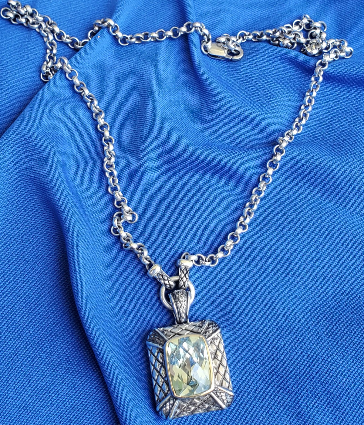 ORIGINAL Vahan Prasiolite 925 STERLING SILVER 14K GOLD DIAMOND Necklace 18″ INCH