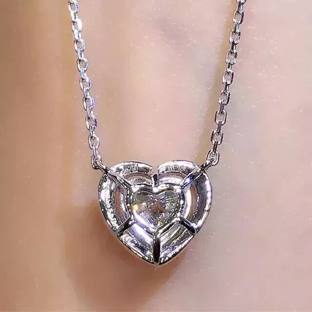 White Gold Plated Silver2.00Ct Heart Cut Real Moissanite Halo Pendant Chain 14k