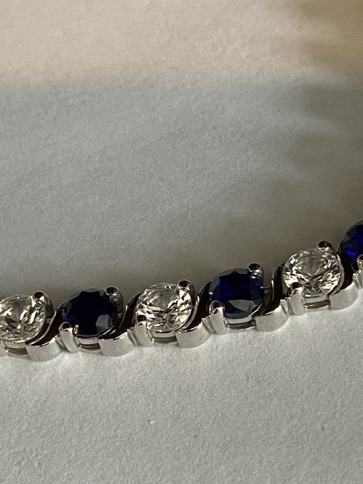 925 Sterling Silver Lab Created Blue & White Sapphire Tennis Necklace Signed EMA