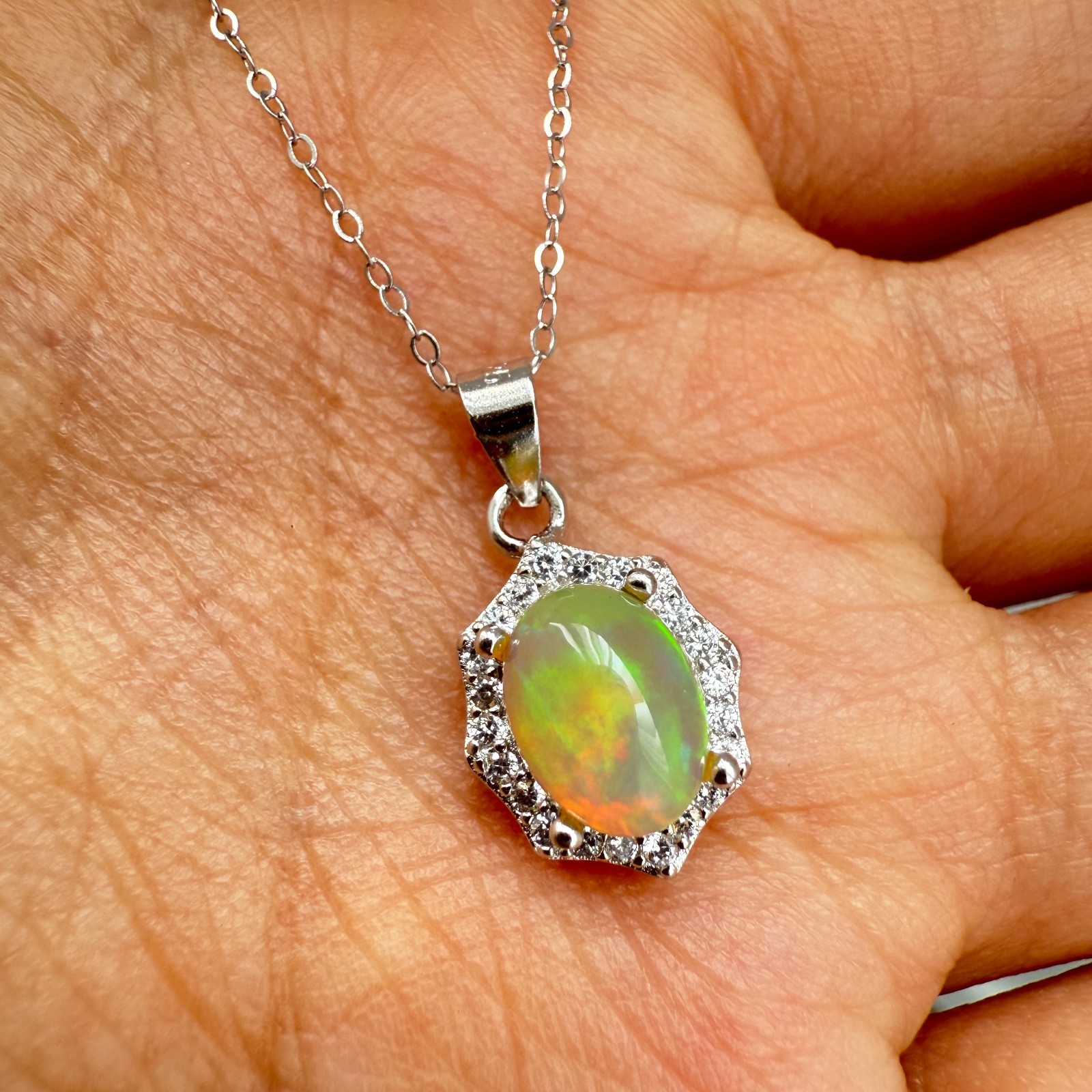 925 Sterling Silver Necklace 8x6mm Natural Opal Gemstone Zircon Flower Chain NEW
