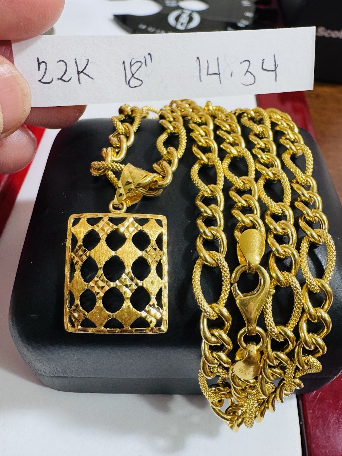 Saudi Solid 22K 916 Real Fine Gold Rectangle Necklace 18” Inch 5.5mm 14.35g