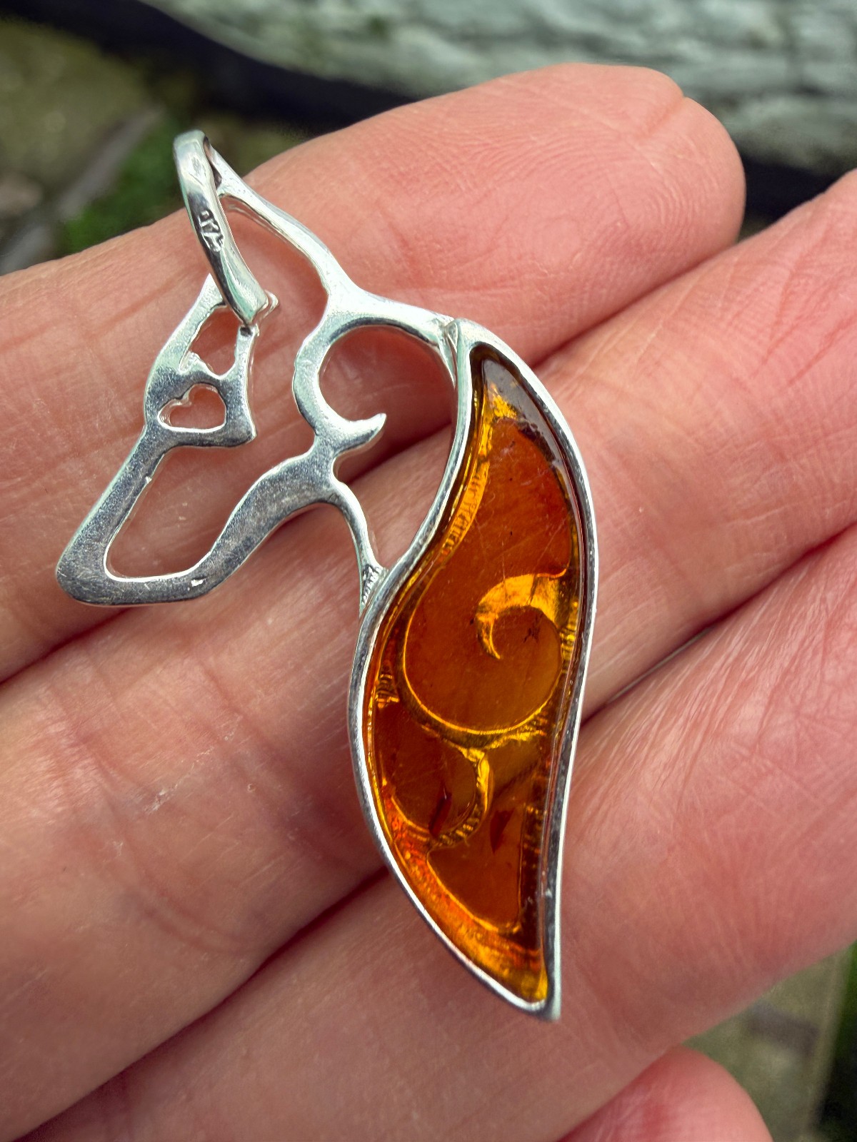 German Shepherd Dog Amber Pendant Crystal Fossil 925 Silver Lithuanian genuine