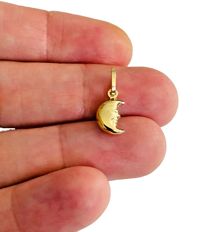 Real 14K Gold Moon Pendant 0.67″ 3D Celestial Half Moon Face Petite Charm-PT474