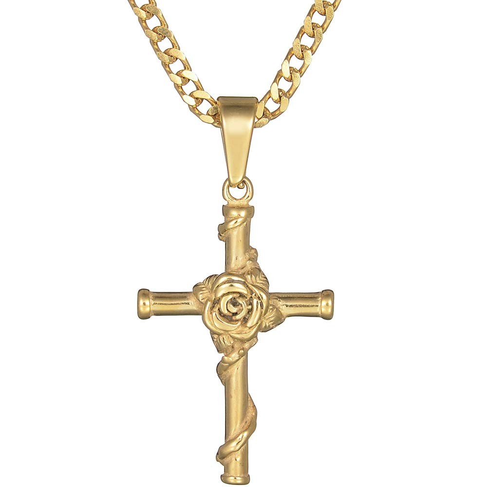 Stainless Steel Rose Flower Christian Cross Pendant Necklace (Gold)