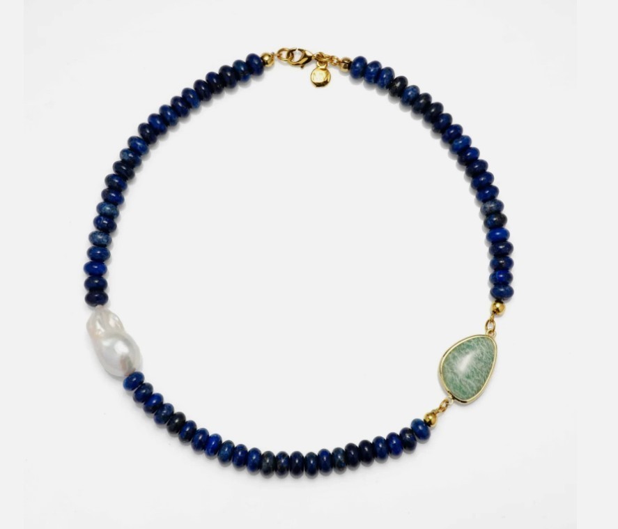 MAYAMAR Pearl and Stone Necklace in Lapis Lazuli, Aventurine, 24K Plated, 16″