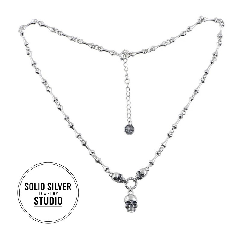 S925 Authentic Sterling Silver Skull&Bone Link Chain Punk Gothic Biker Necklace