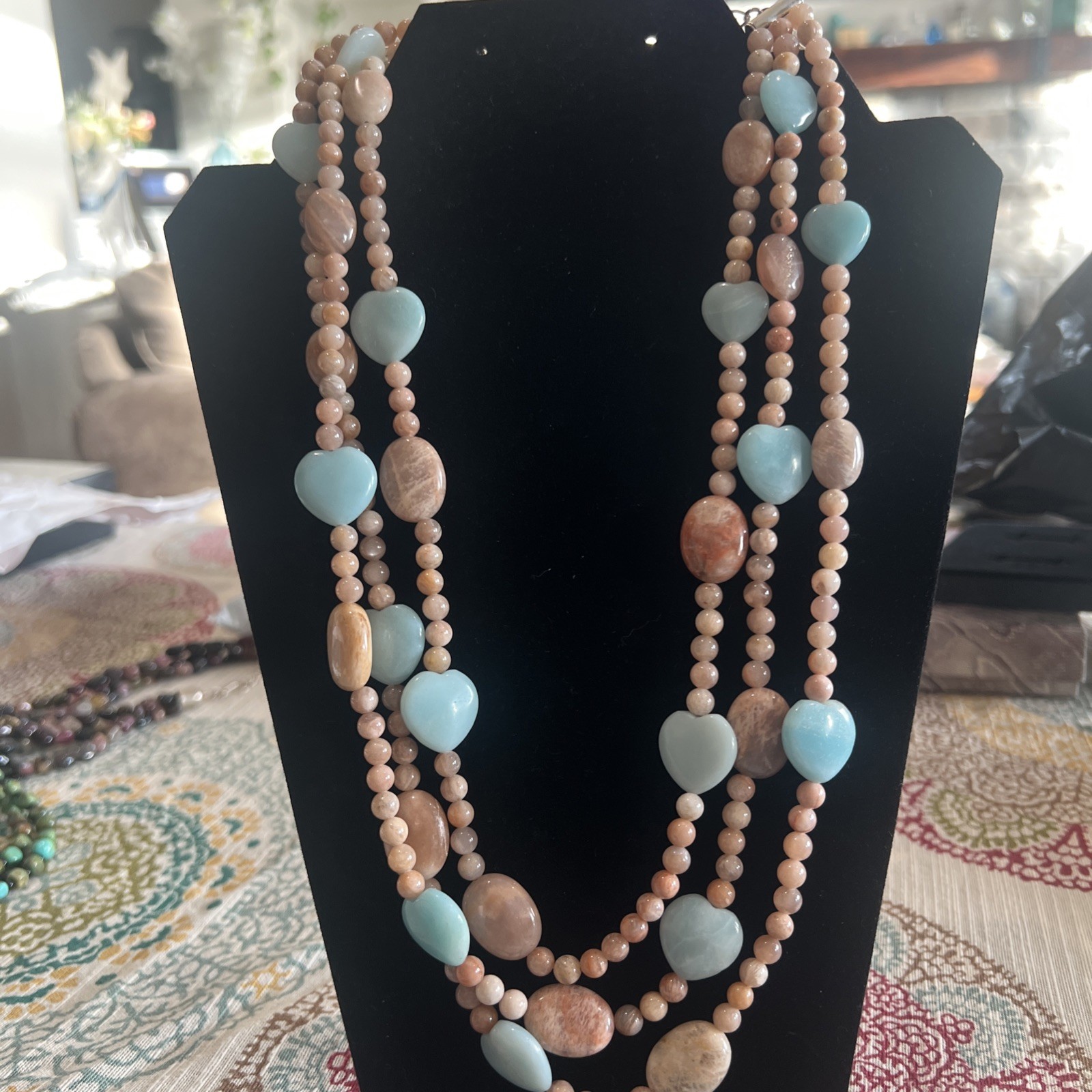 Jay King DTR necklace 3 strands of peach moonstone/amazonite heart beads SS