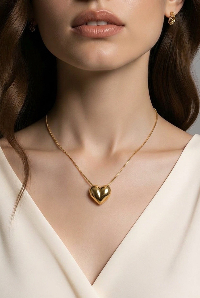 14 Kt Solid Gold Puff Heart Necklace 3.6 Grams