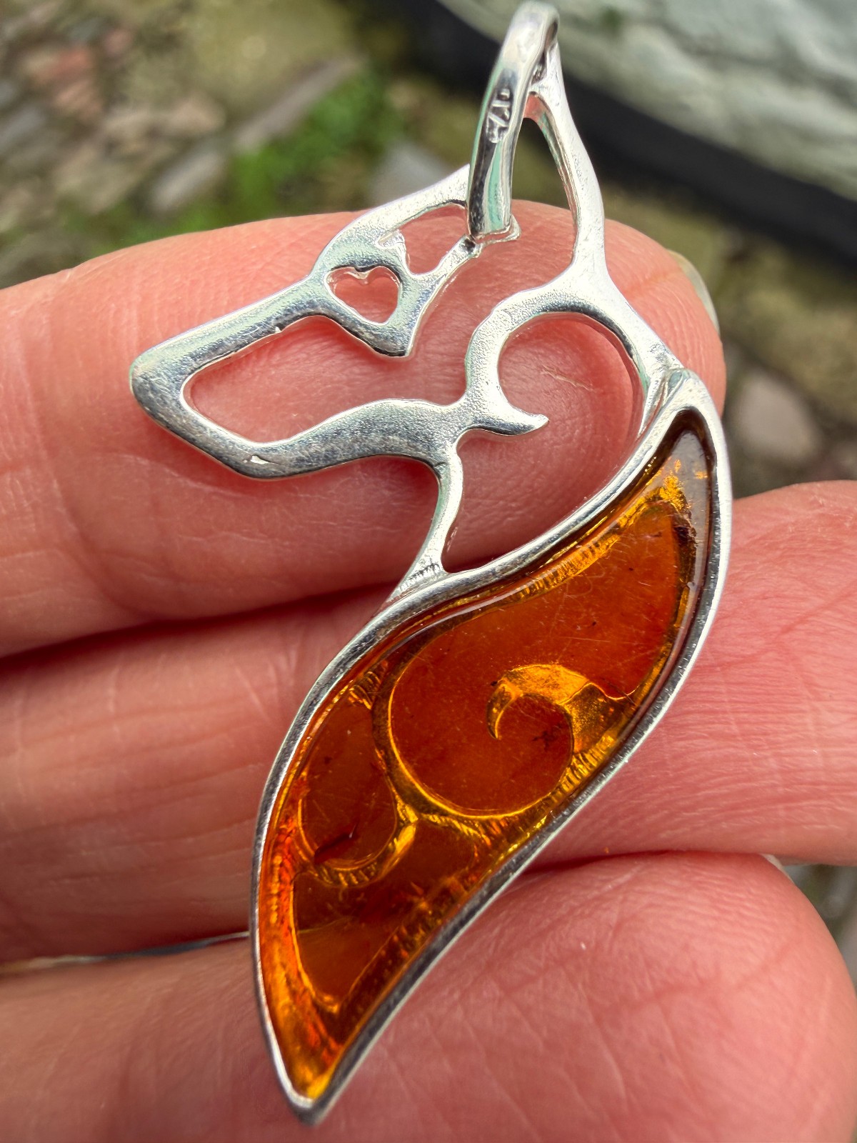 German Shepherd Dog Amber Pendant Crystal Fossil 925 Silver Lithuanian genuine