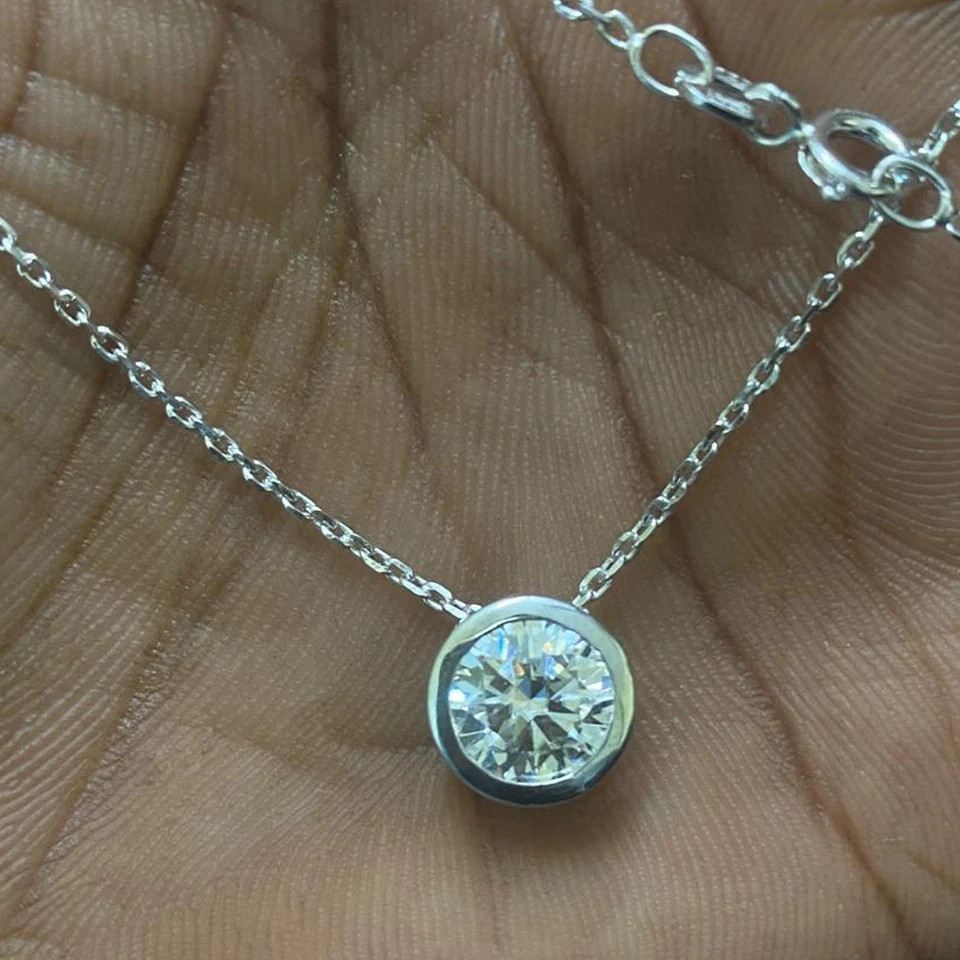 1CT Round Lab Created Diamond Bezel Bail Pendant Chain 18 In 925 Stirling Silver