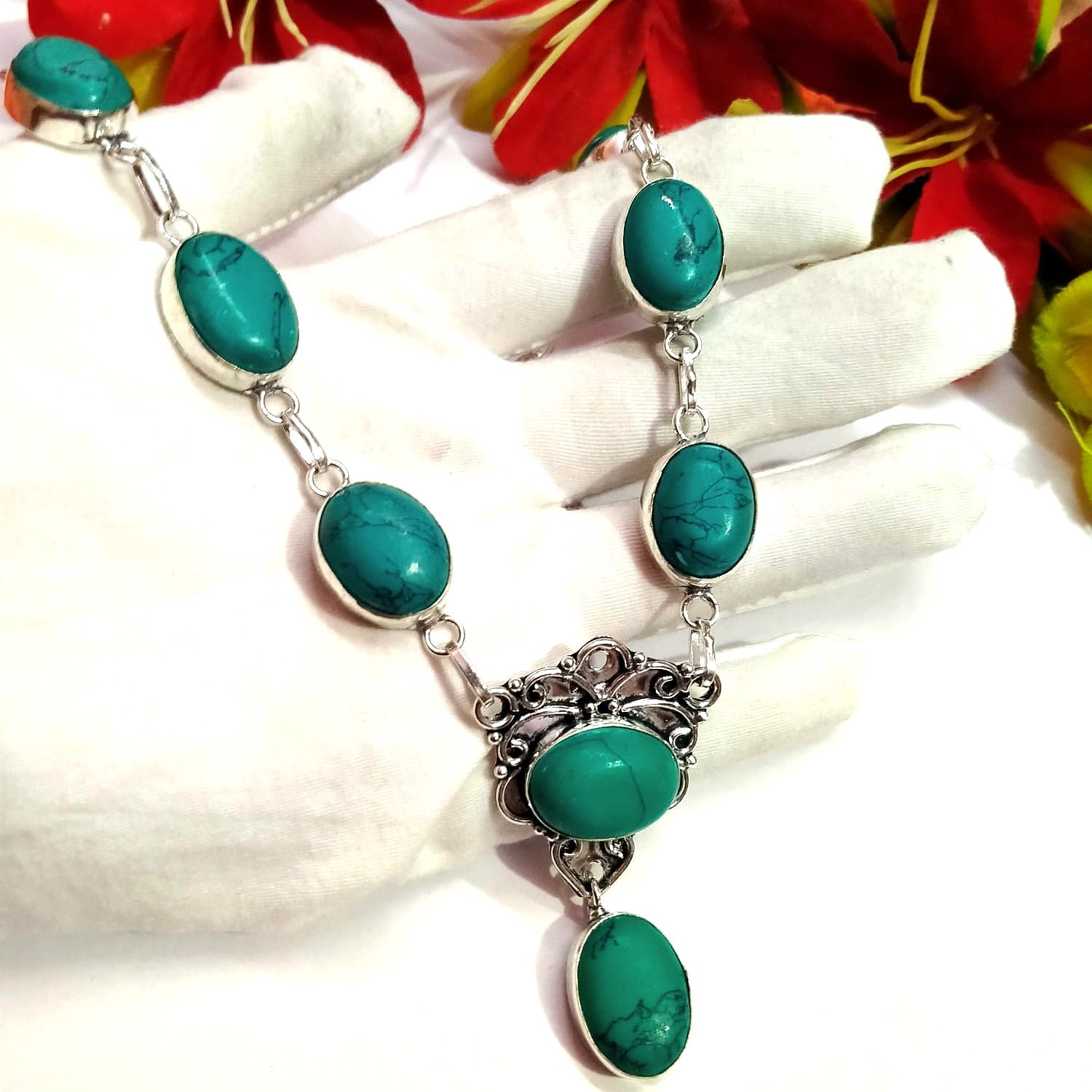 Blue Turquoise Gemstone 925 Sterling Silver Jewelry Necklace Size-17-18″