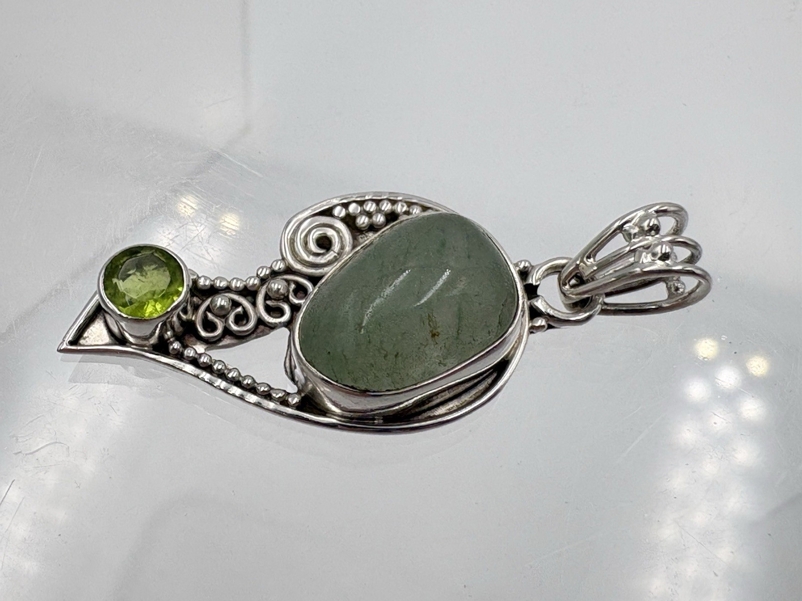 Sterling Silver Genuine Green Aventurine & Peridot Gemstone Bird Pendant 925