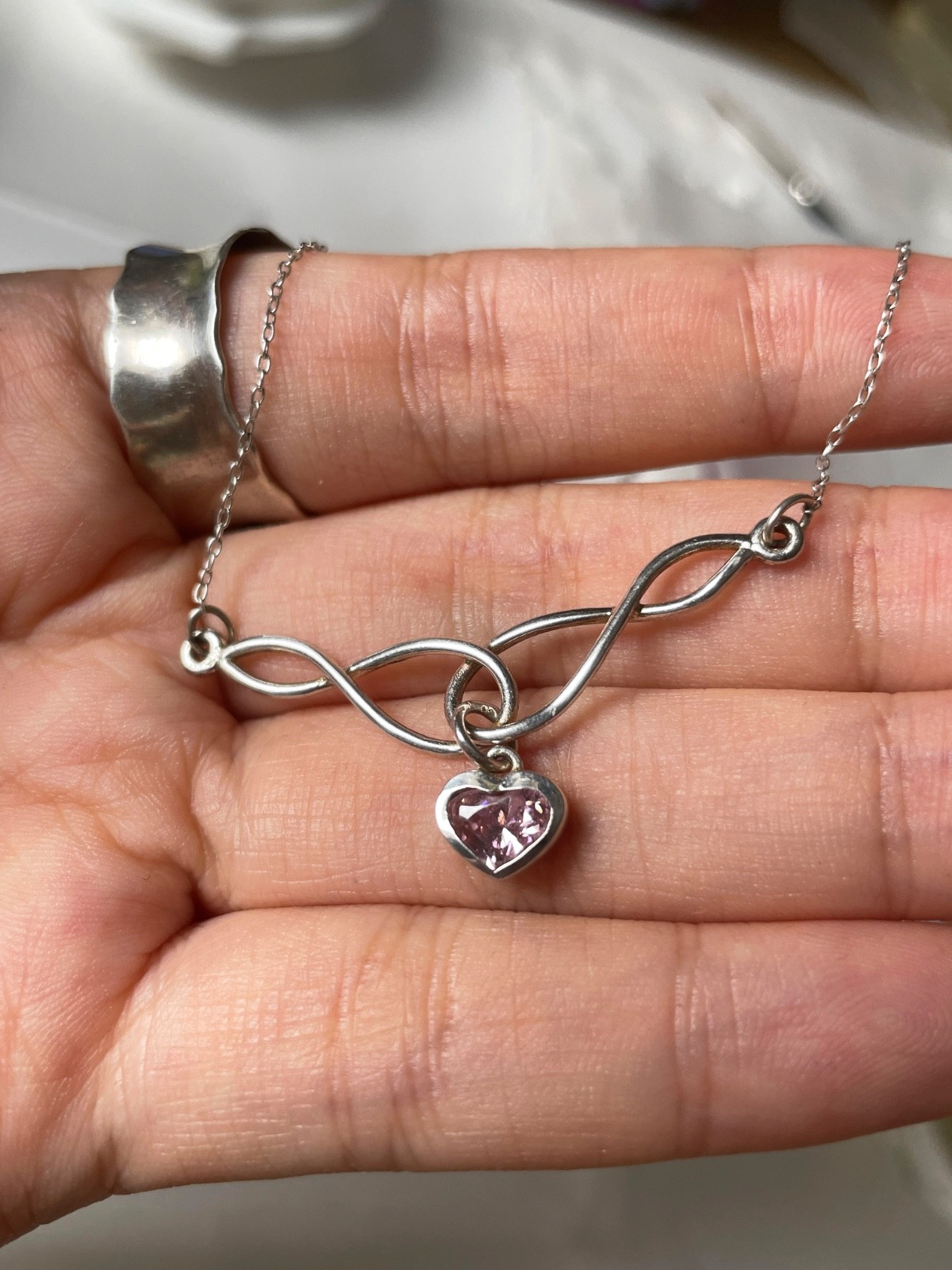 925 Sterling Silver Infinity Necklace Pink Heart Stone 40cm Celtic Inspired