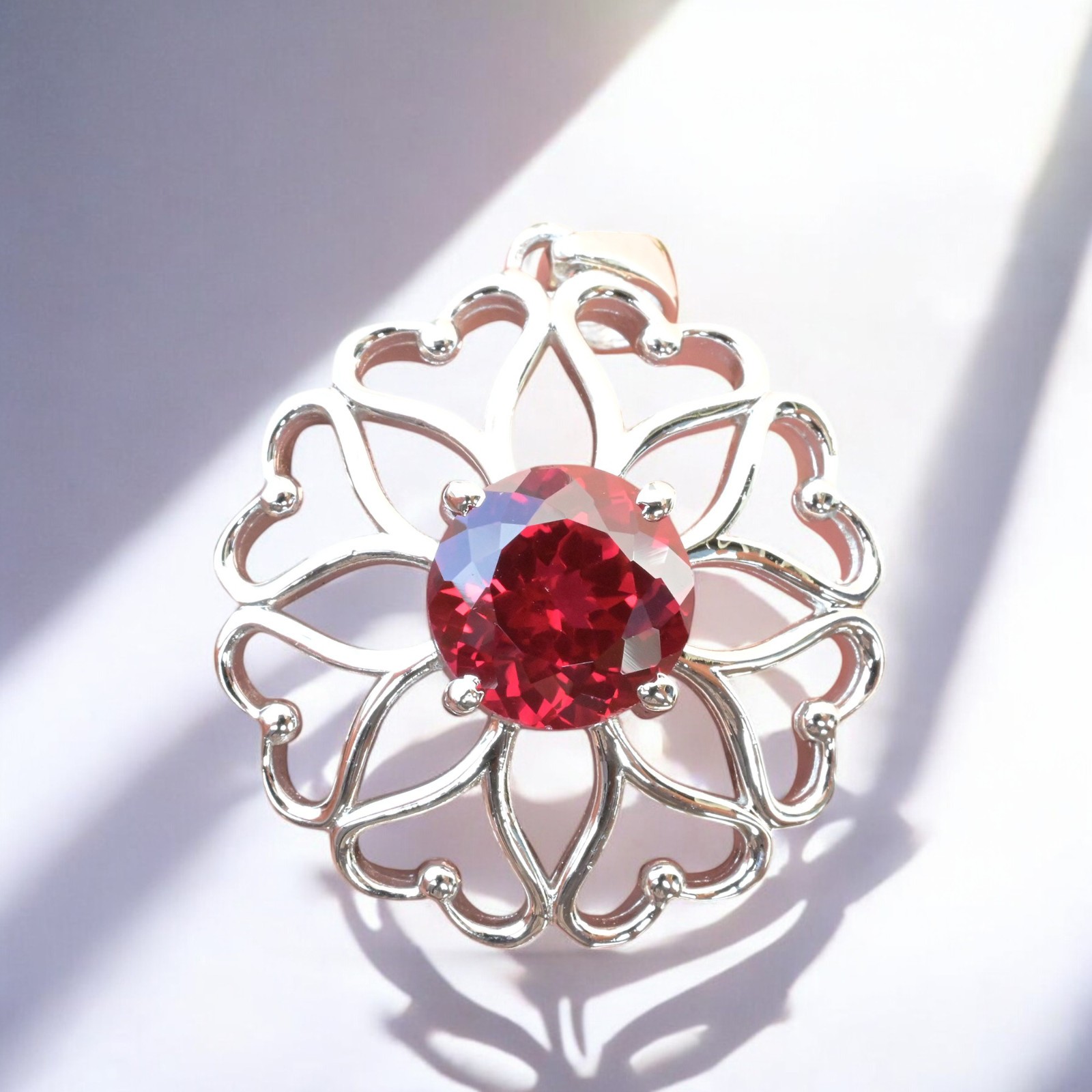 Certified Red Ruby 32 Ct Flower Shape Pendant Necklace 925 Sterling Silver MG002