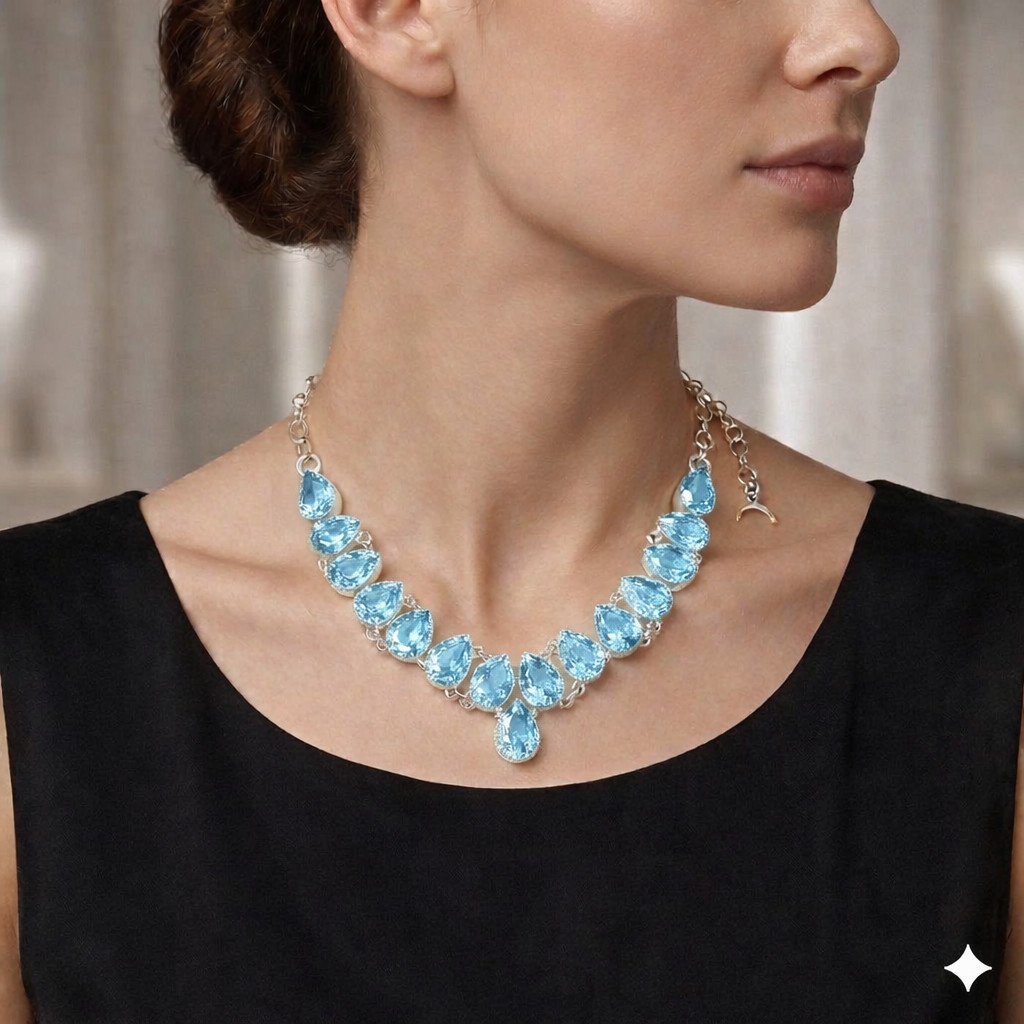 Aqua Aquamarine Gemstone 925 Sterling Silver Jewelry Necklace Size-17-18″