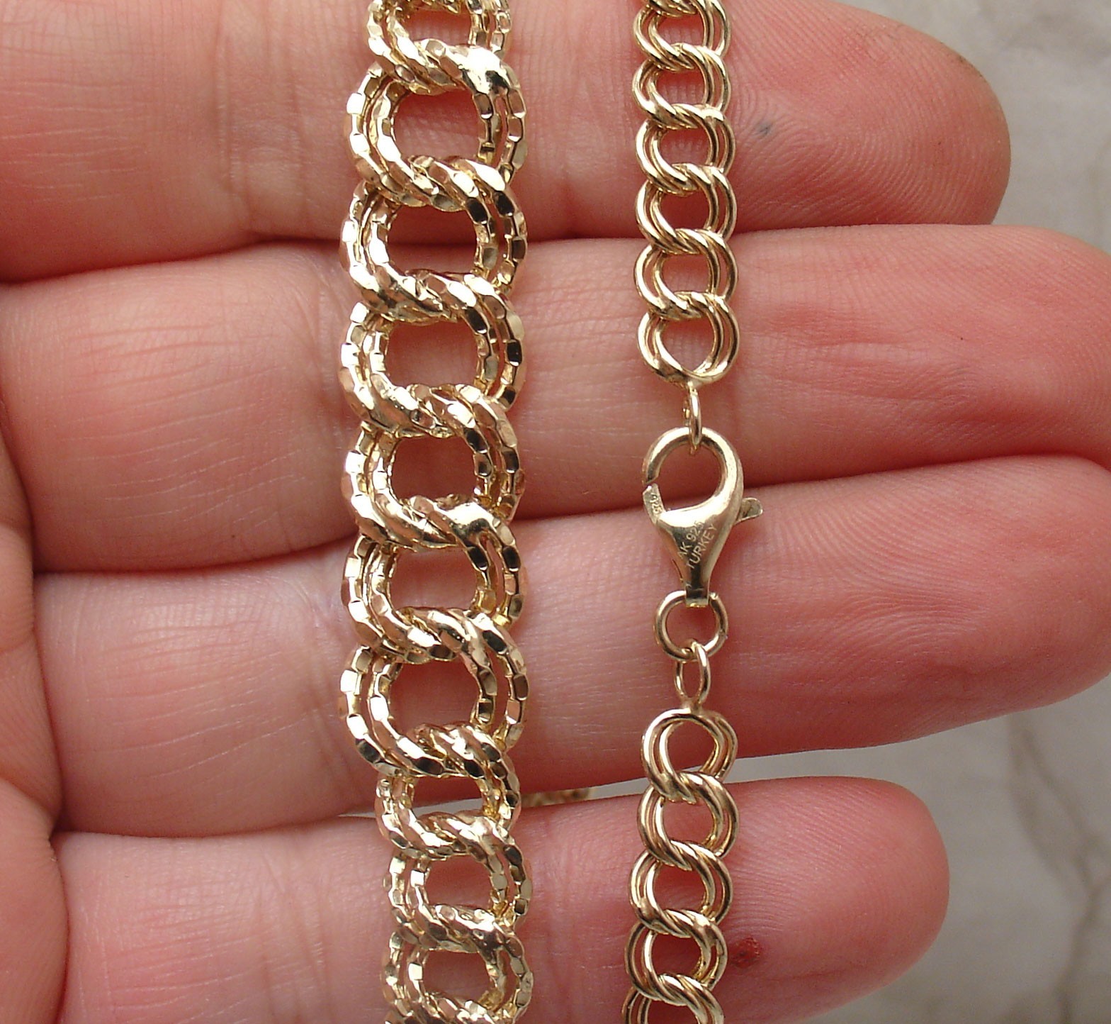Technibond Diamond Cut Double Curb Chain Necklace 14K Yellow Gold Plated Silver