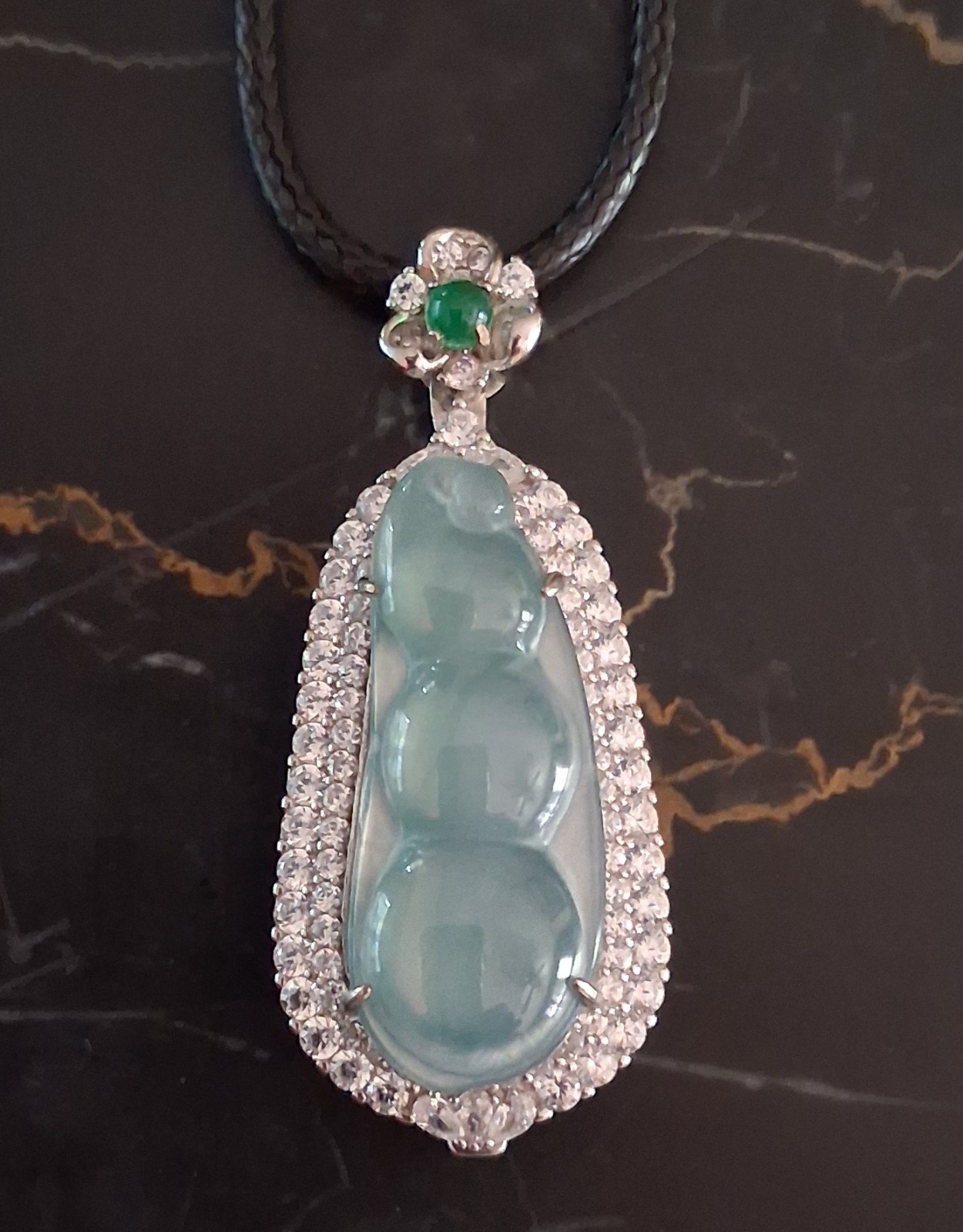 Natural Jadeite Teardrop Pendant Necklace 925 Sterling Silver Black Cord Signed