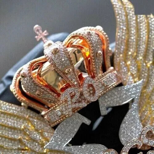4Ct Round Cut Diamond Men’s Customized Crown Pendant Three-Tone Gold Plated