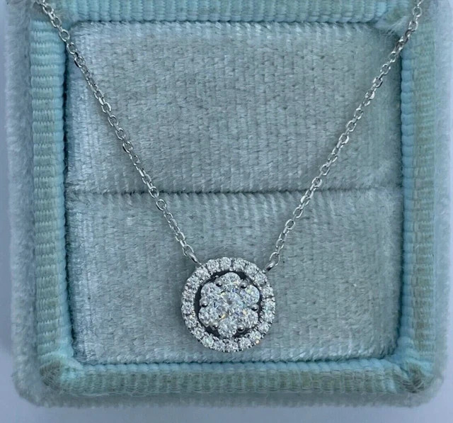 Lab Grown Diamond Women’s Halo Cluster Pendant 1Ct Round 14K White Gold Plated